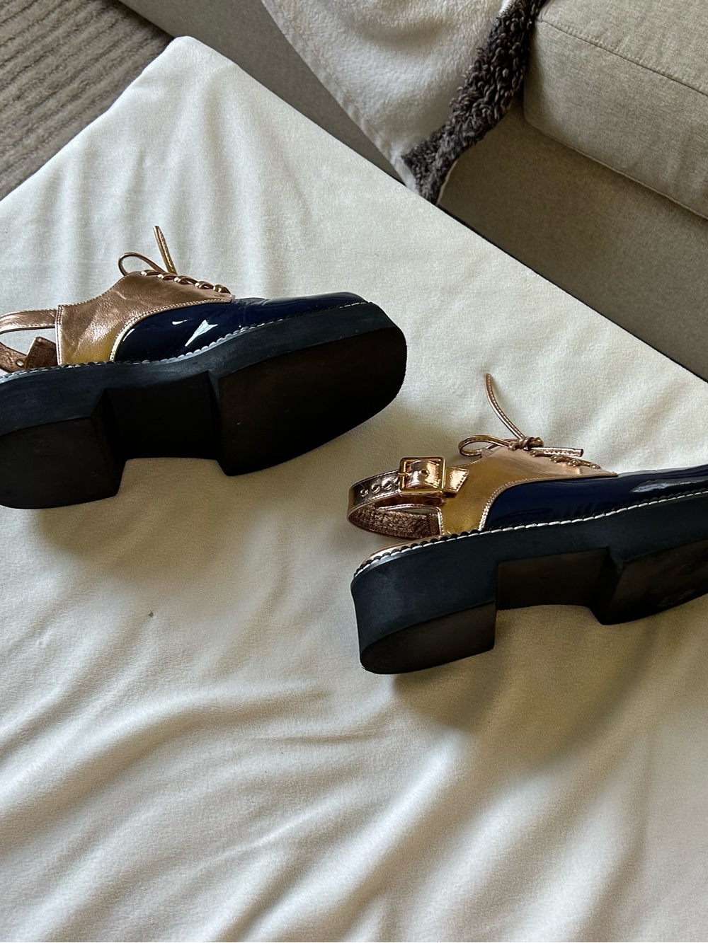 Jeffrey Campbell Rose Gold, Navy & Tan Patent Slingback Lace-Up Mules - Picture 9 of 10